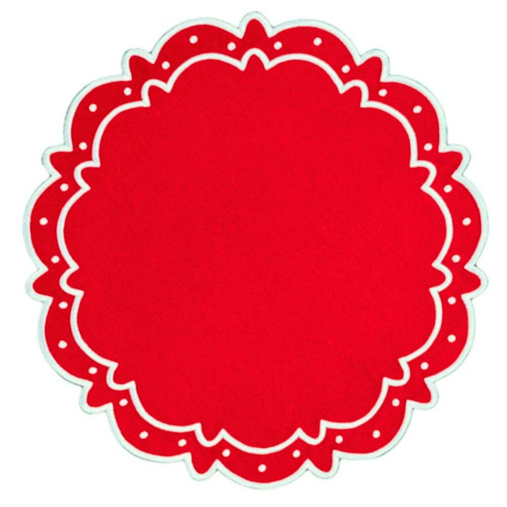 Flying Sheep Country red embroidered placemats, classic round red holiday placemats with white stitching, perfect for Christmas and Thanksgiving table settings, available at Holiday Fave Finds