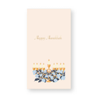 Hanukkah guest towel featuring a gold menorah with blue floral accents and “Happy Hanukkah” written in gold script on a soft blush background; ideal for festive holiday gatherings