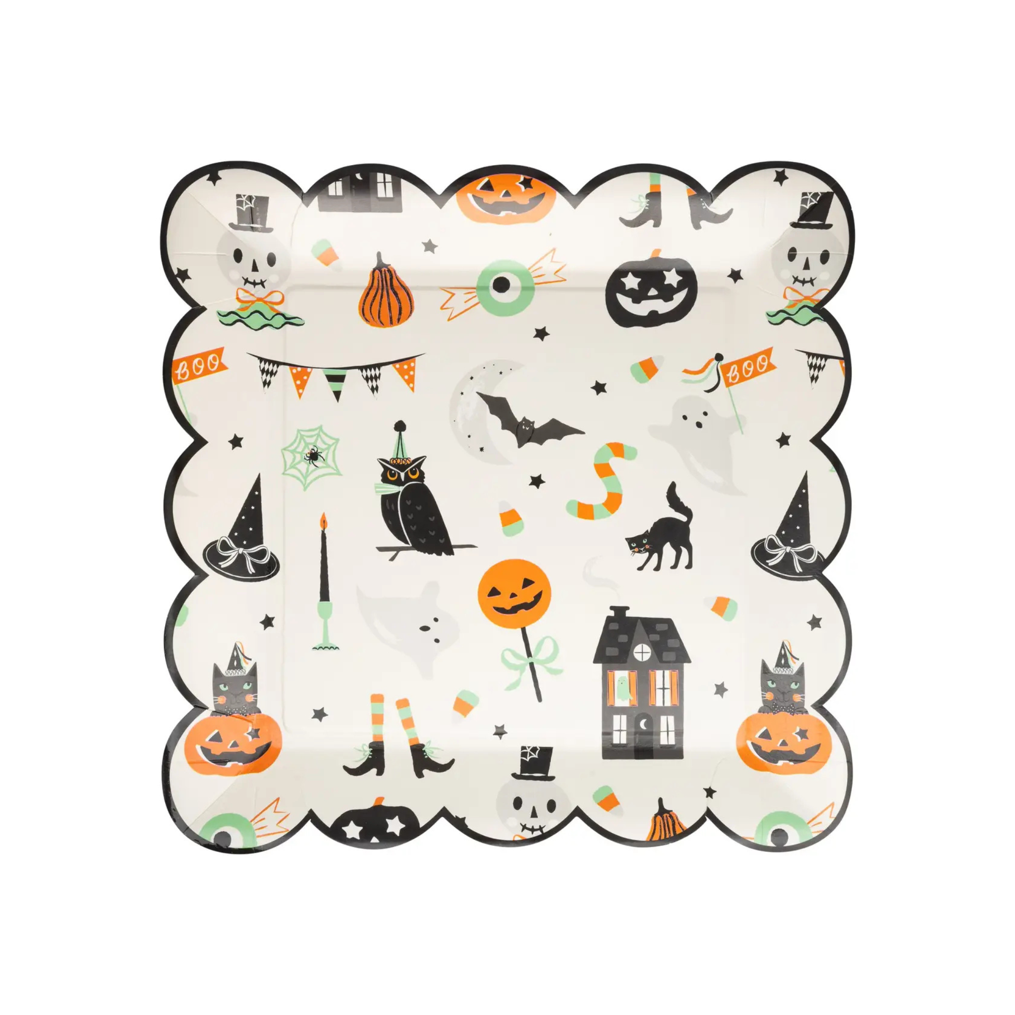 Tricks & Treats Halloween Plates, set of 8 round 10-inch paper plates in orange and black with festive Halloween icon illustrations