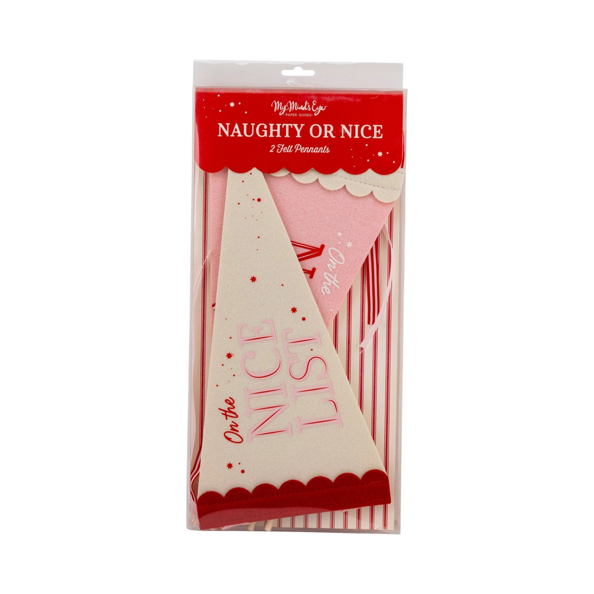 Packaged set of two festive felt pennants with scalloped edges, one in cream with “On the Nice List” in red and pink, and one in soft pink with “On the Naughty List,” ideal for kids' Christmas parties or playful holiday decor