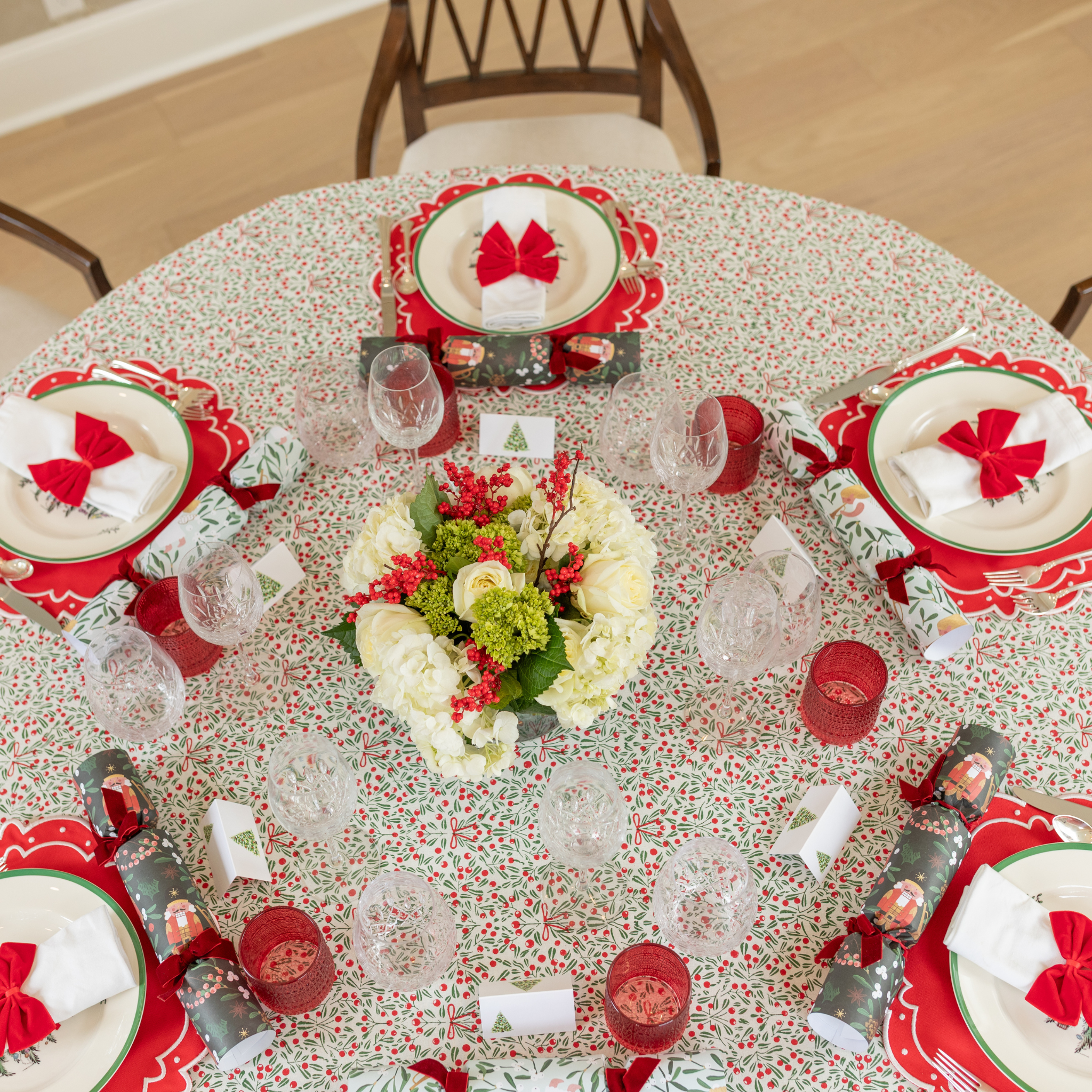 Flying Sheep Country red embroidered placemats, classic round red holiday placemats with white stitching, perfect for Christmas and Thanksgiving table settings, available at Holiday Fave Finds