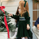 Henry Duvall Eliza Dress for girls in Grafton Green Velvet with white scalloped trim and a Newbury Tartan pre-tied sash, classic holiday dress for festive occasions