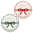 Two scalloped-edge paper plates with vertical stripes and bow designs—one red, one green