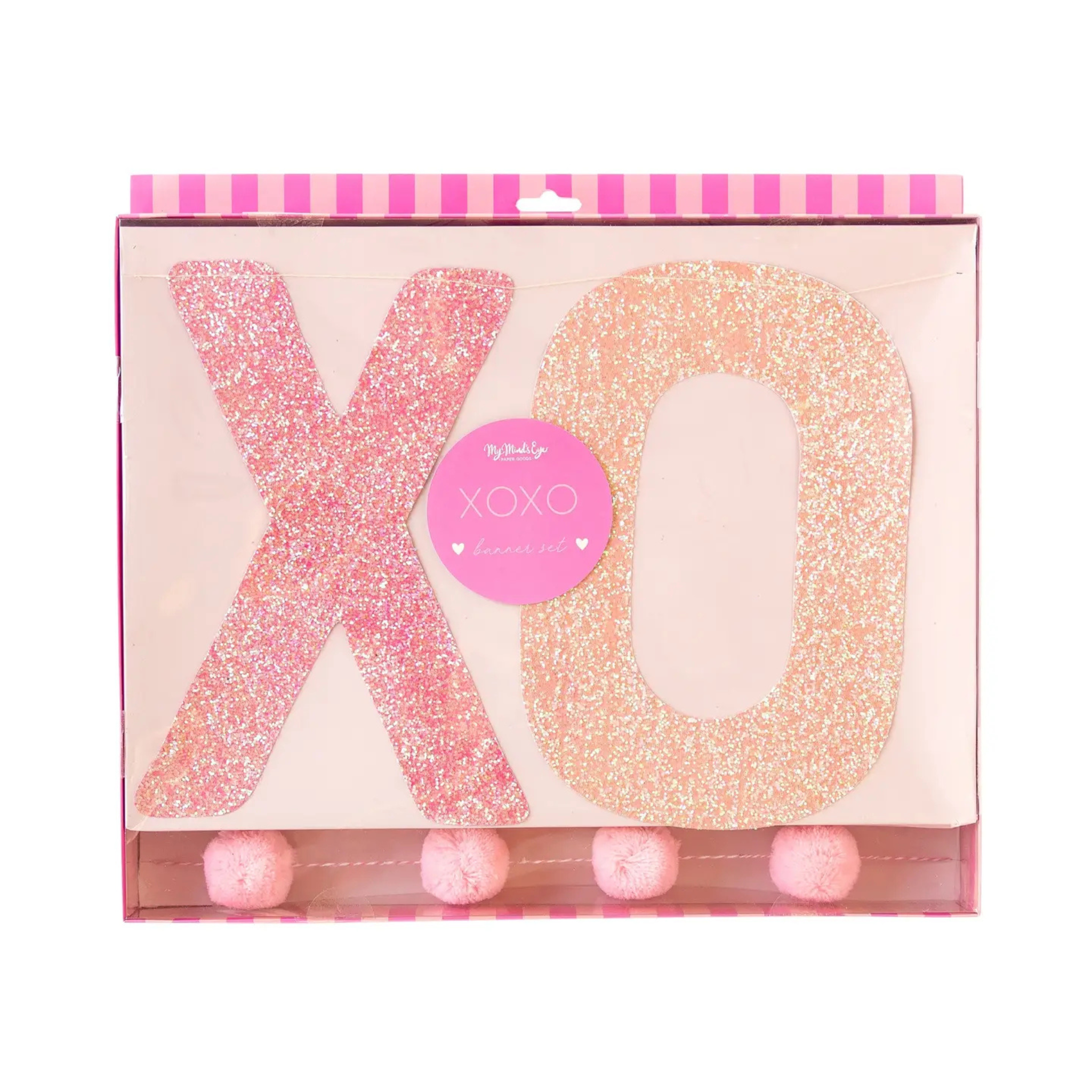 Glitter XOXO banner set with pink pom pom garland; valentines decor