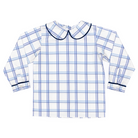 Henry Duvall Long Sleeve Henry Peter Pan Shirt in Prescott Plaid, classic boys fall shirt with Peter Pan collar and button-back, perfect for layering and coordinating sibling outfits