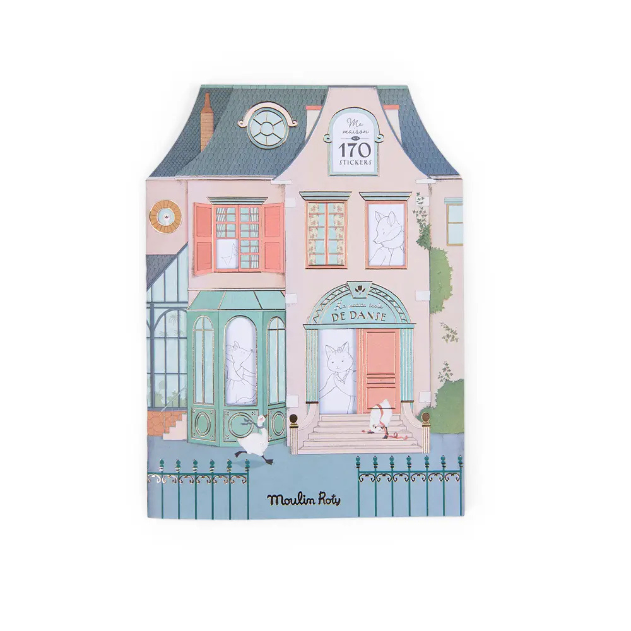 Illustrated children’s coloring and sticker book shaped like a pastel European house with ballet-themed details, perfect Christmas gift for creative kids.
