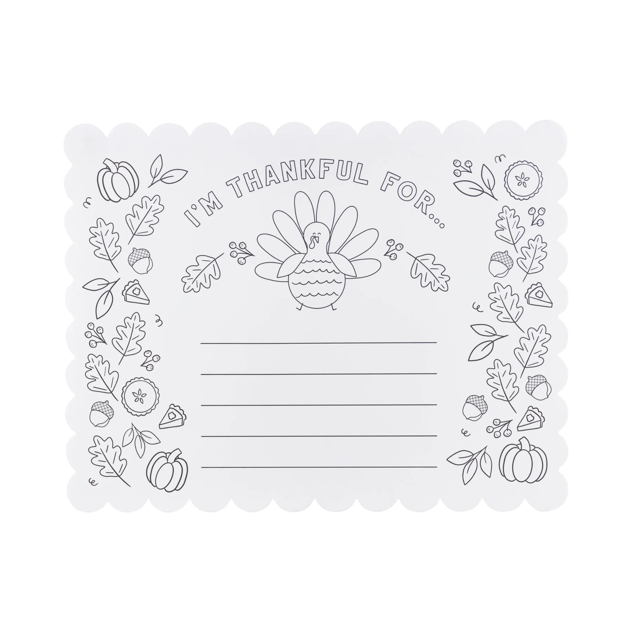 Thanksgiving coloring placemat for kids with turkeys, pumpkins, and “I Am Thankful For” writing prompt – pack of 24