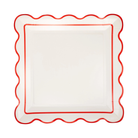 Set of cream scalloped square Christmas plates with red trim, ideal for festive holiday tablescapes