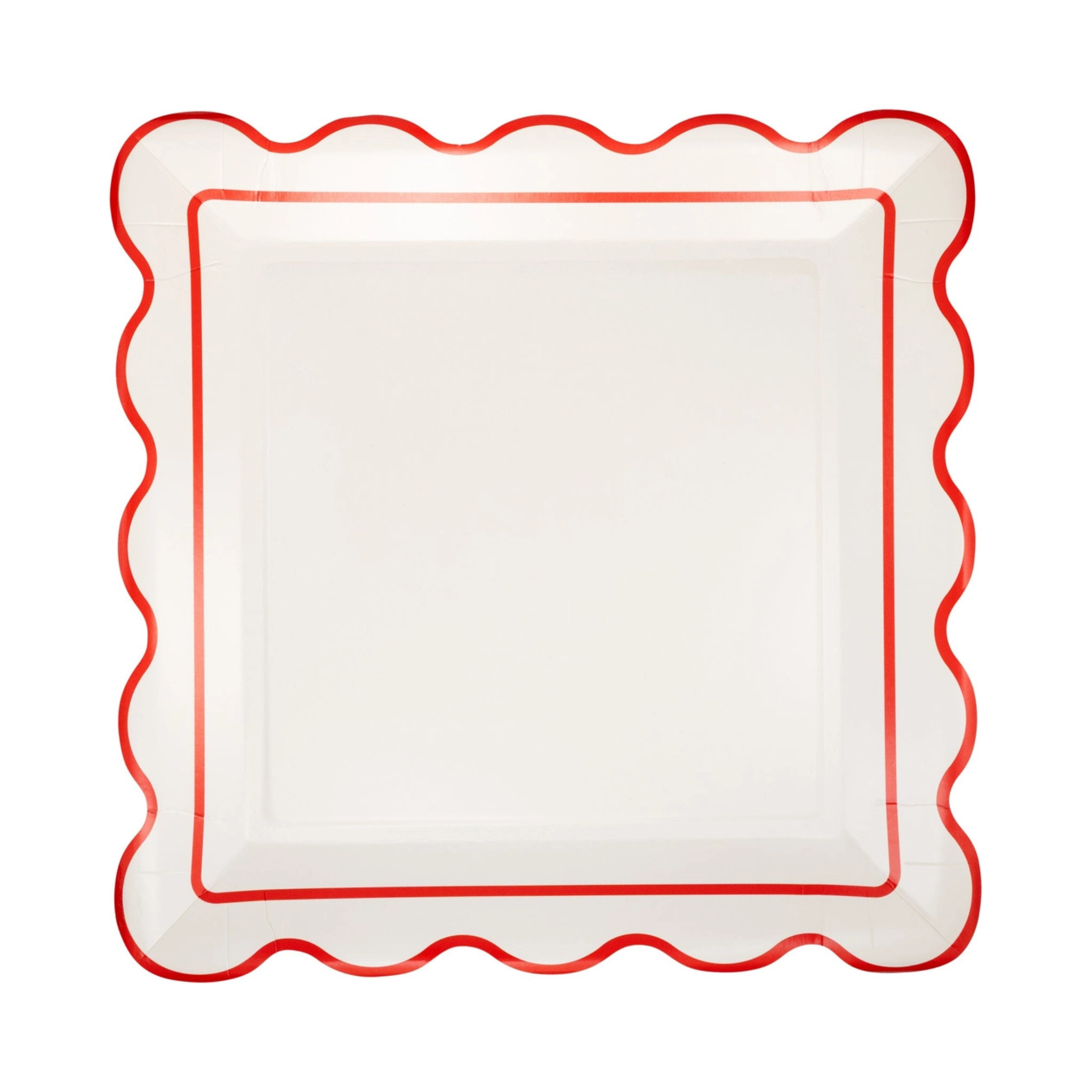 Set of cream scalloped square Christmas plates with red trim, ideal for festive holiday tablescapes