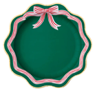 Holiday dinner plates with scalloped edges and red peppermint bow design in pink and green tones, perfect for festive Christmas table settings