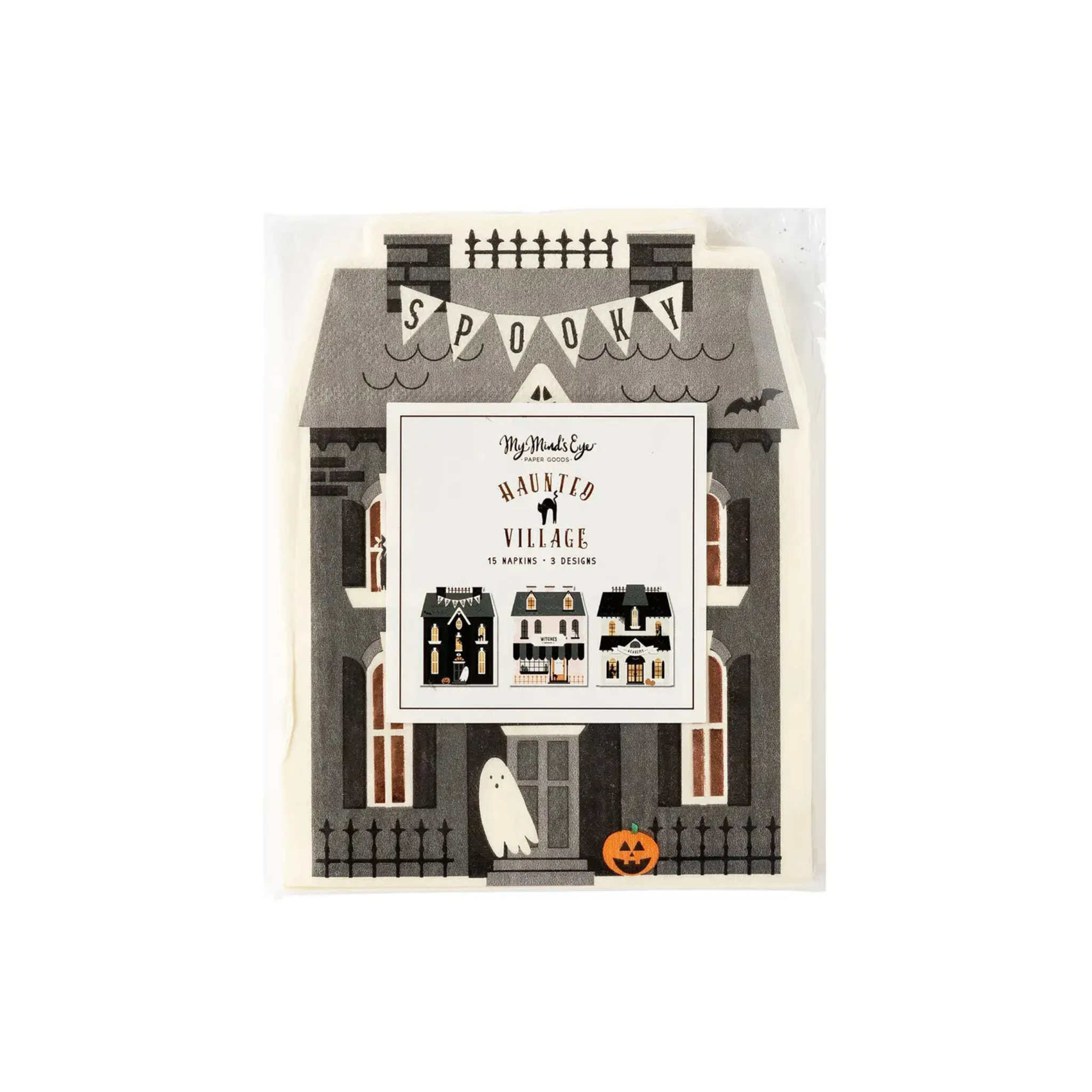 Set of 15 Haunted House Napkins in three designs with copper foil accents, shaped Halloween paper napkins for festive kids parties and trick-or-treat tables