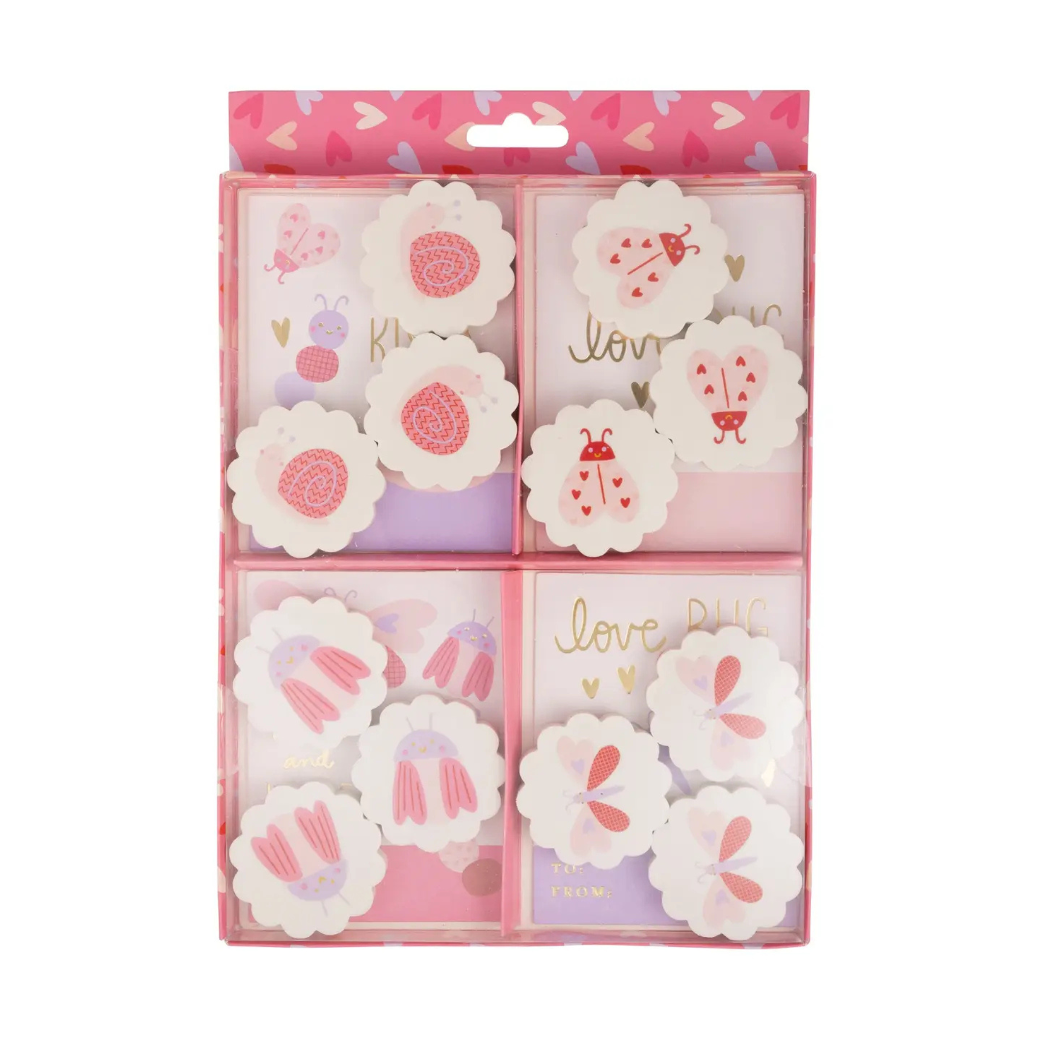 Set of 12 Love Bug Valentine cards with matching erasers, valentines day accessory