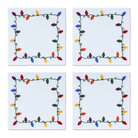 Set of four white linen cocktail napkins with embroidered multicolor Christmas lights framing each edge
