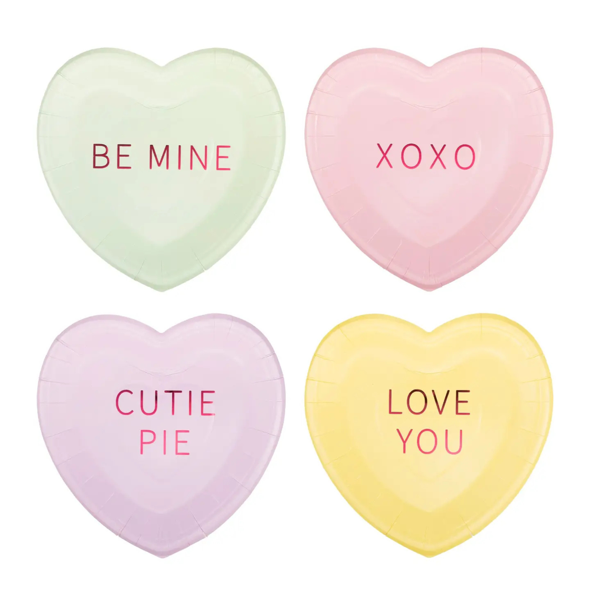 Set of 8 conversation heart–themed paper dessert plates in four designs, valentines day decor