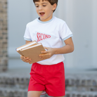 Henry Duvall Liam Shorts in Rhode Island Red cotton pique, classic boys back-to-school shorts with elastic waist for first day of school photos and everyday fall wear.