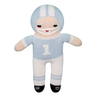 Hand-knit football player doll in light blue and white uniform with helmet, made from soft cotton yarn — a classic Christmas stocking stuffer for boys