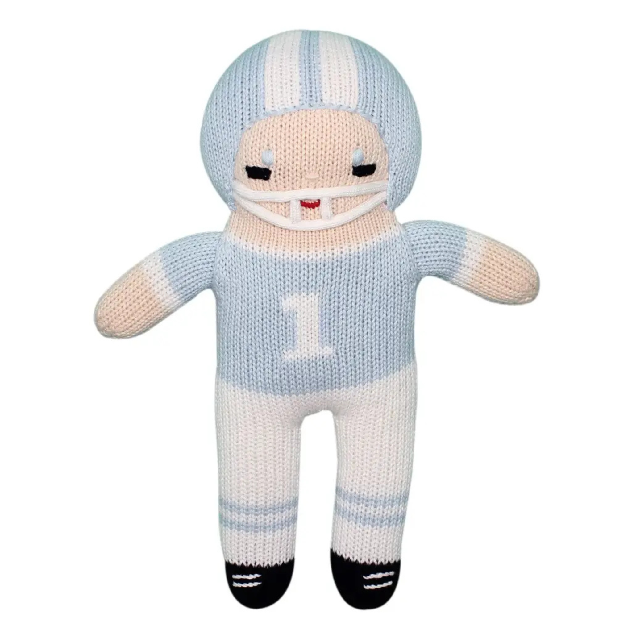 Hand-knit football player doll in light blue and white uniform with helmet, made from soft cotton yarn — a classic Christmas stocking stuffer for boys
