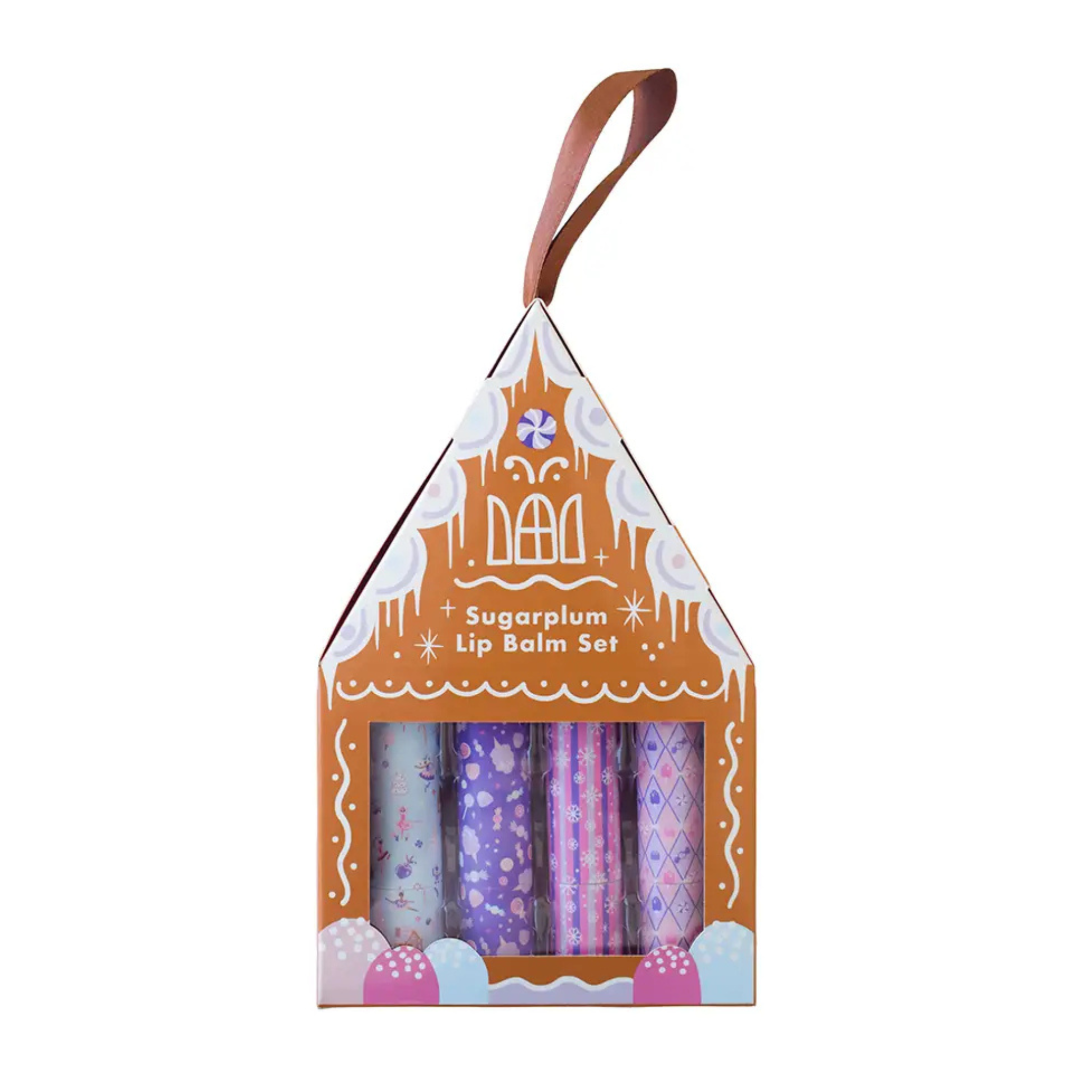 Sugarplum Fairy lip balm stocking stuffer with gingerbread house packaging and festive colors