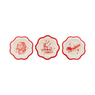 Set of three reusable red and cream Christmas bamboo plates with scalloped edges, featuring vintage-style illustrations of Santa Claus, reindeer, and a sleigh ride