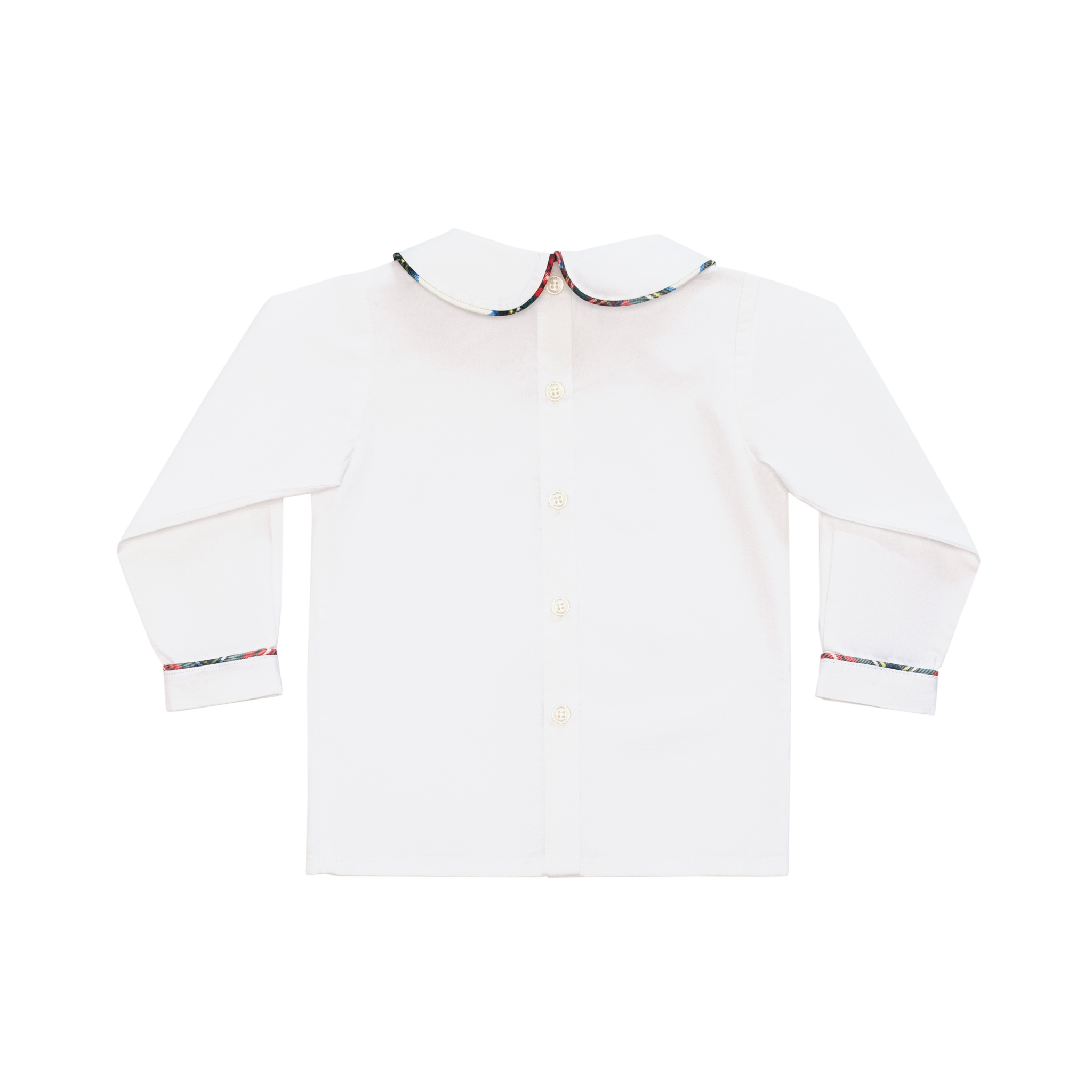 Classic white Peter Pan collar top highlighted with bold Townsend Tartan trim. A signature holiday piece from Henry Duvall’s Holiday Collection.