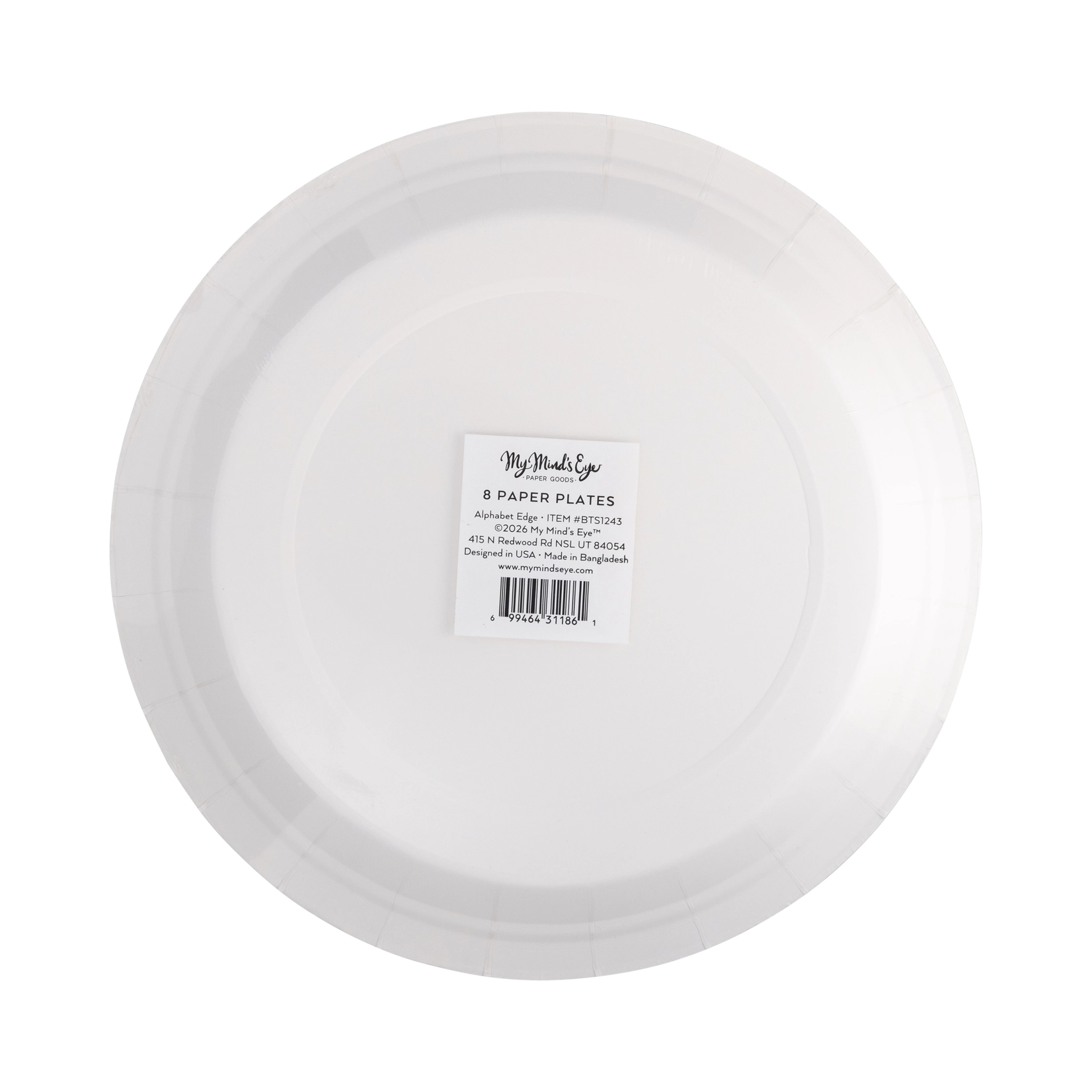 White paper plate with a label on a white background