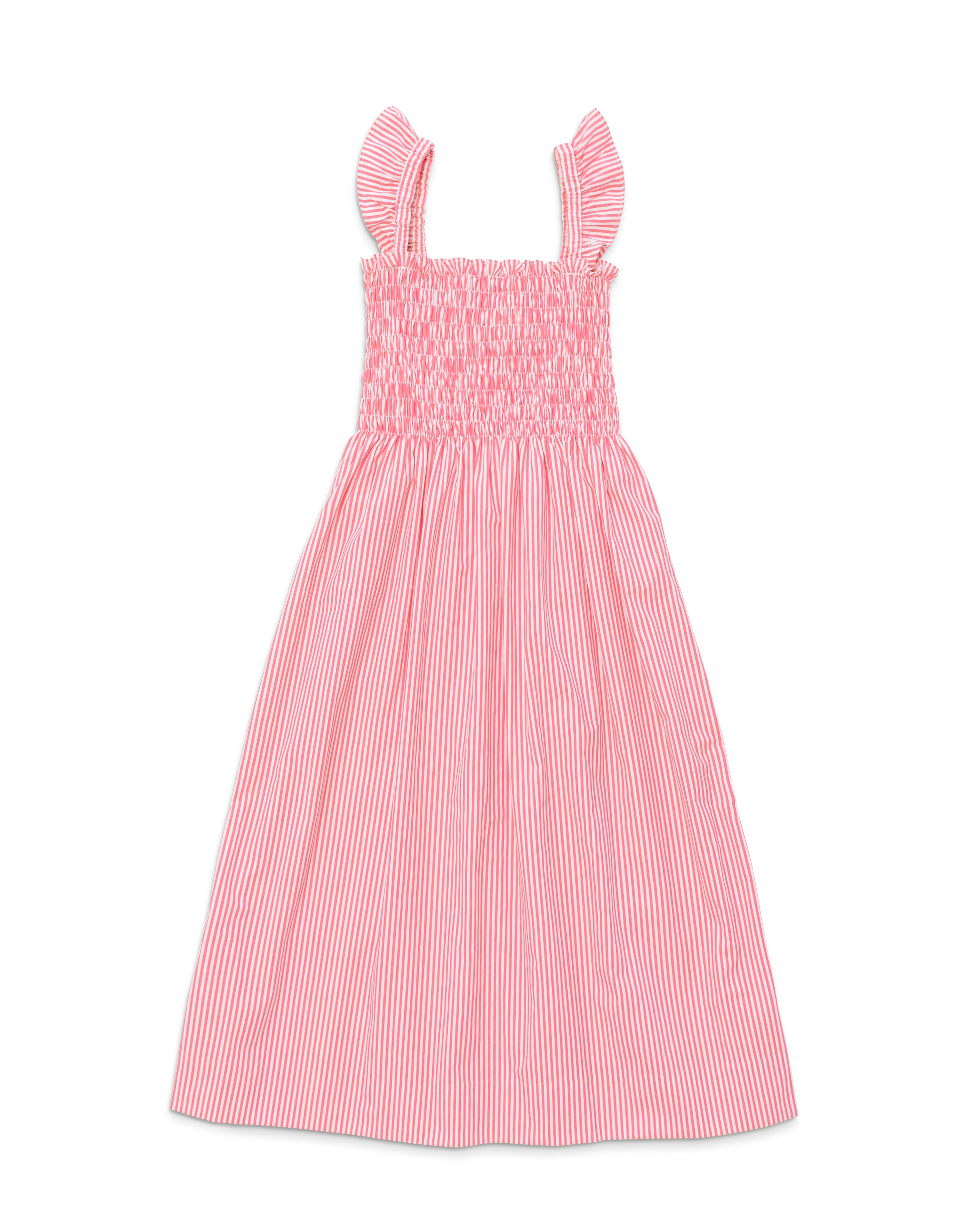 Henry Duvall Kate Dress for women in Sconset Stripe, a classic summer dress with smocked embroidered bodice and full gathered skirt.