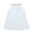 Henry Duvall Lucy Dress in blue micro dot cotton featuring a Peter Pan collar, red scalloped trim, and embroidered crayons, classic girls back-to-school dress for first day of school photos and classroom celebrations.