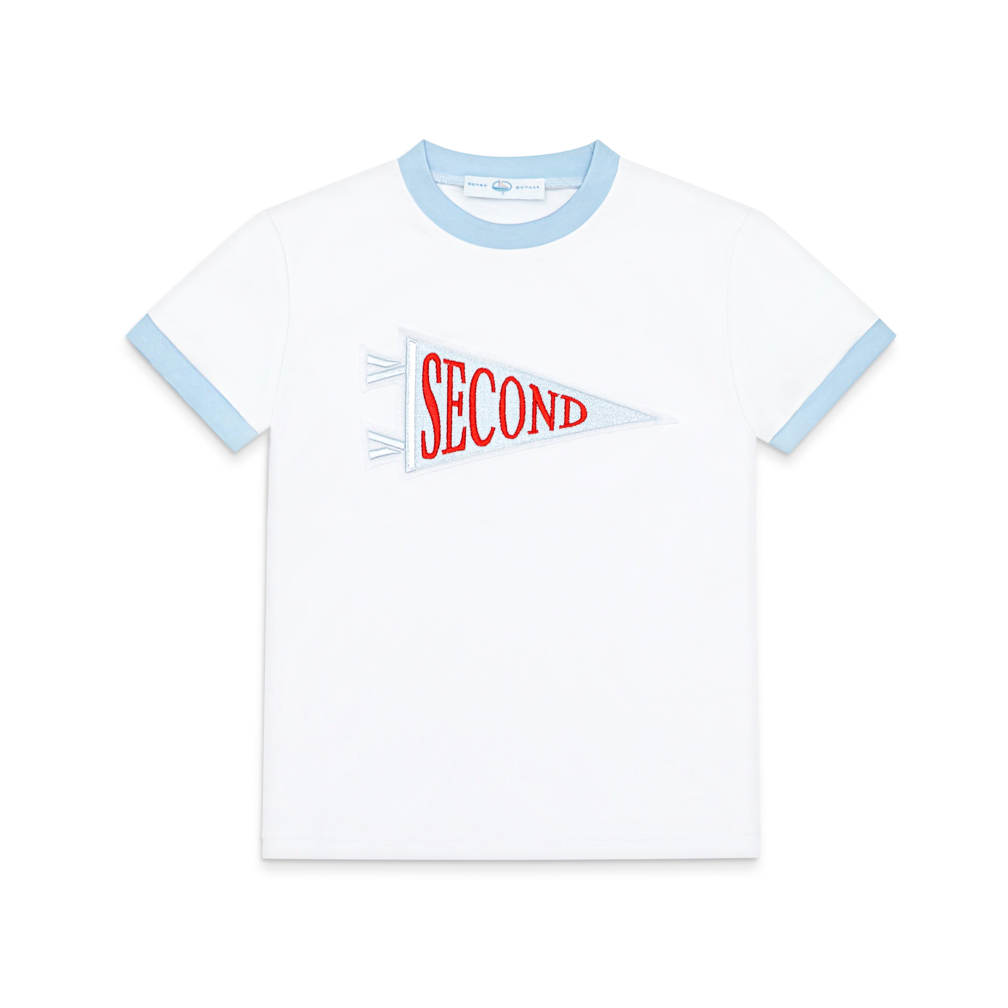 Henry Duvall Pennant Tee featuring appliqué grade pennant, classic back-to-school shirt for kindergarten through fifth grade, perfect for first day of school photos and school milestone celebrations.