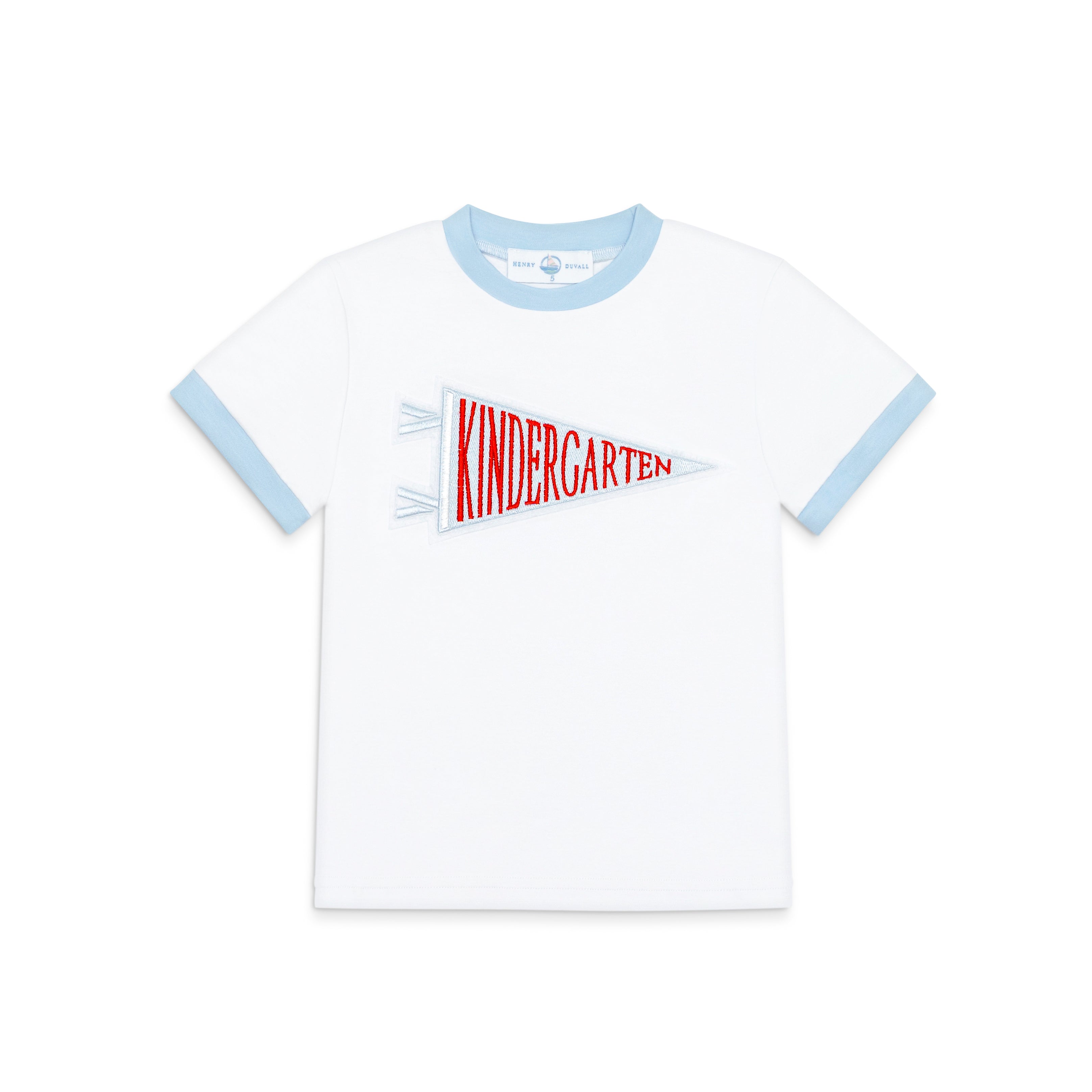 Henry Duvall Pennant Tee featuring appliqué grade pennant, classic back-to-school shirt for kindergarten through fifth grade, perfect for first day of school photos and school milestone celebrations.