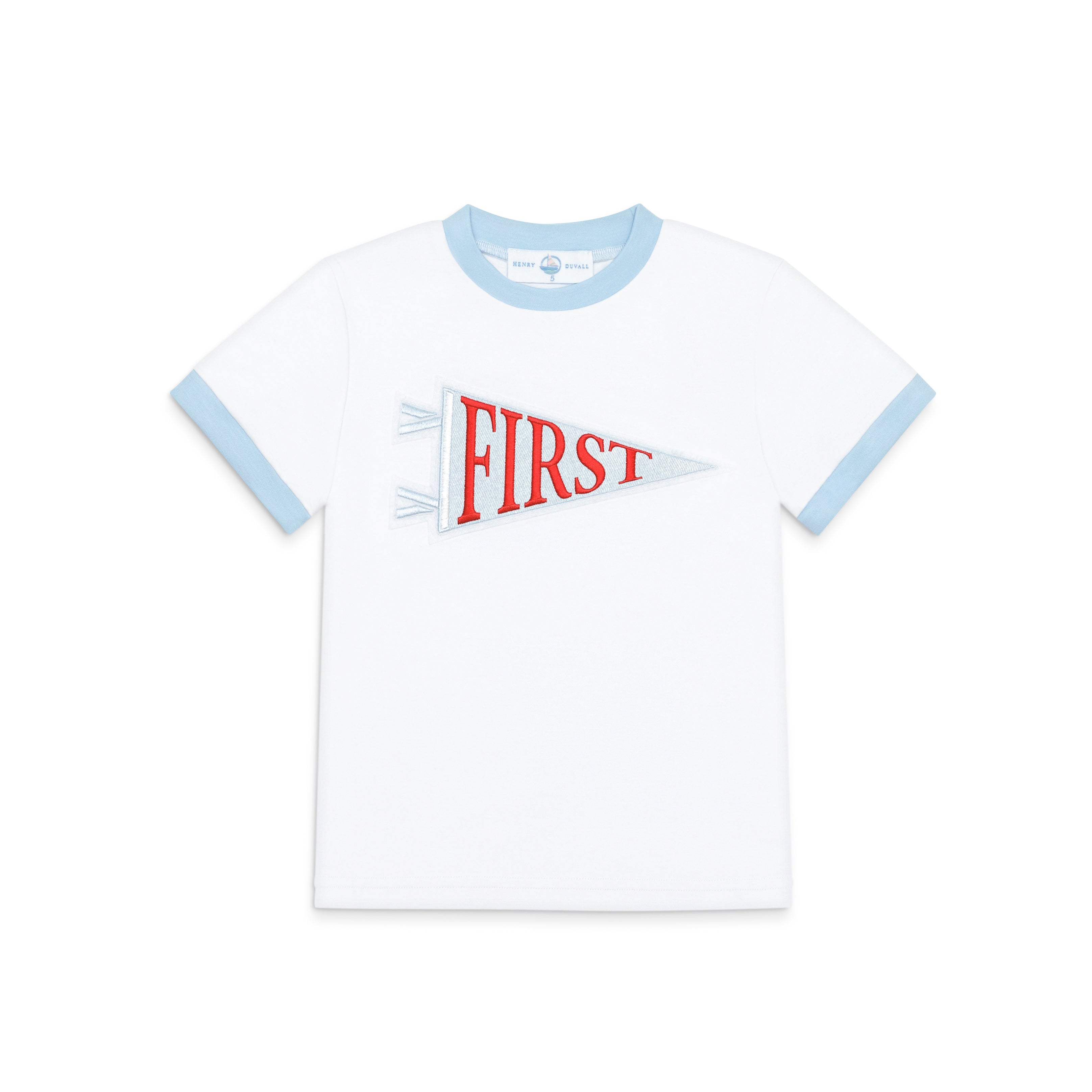 Henry Duvall Pennant Tee featuring appliqué grade pennant, classic back-to-school shirt for kindergarten through fifth grade, perfect for first day of school photos and school milestone celebrations.