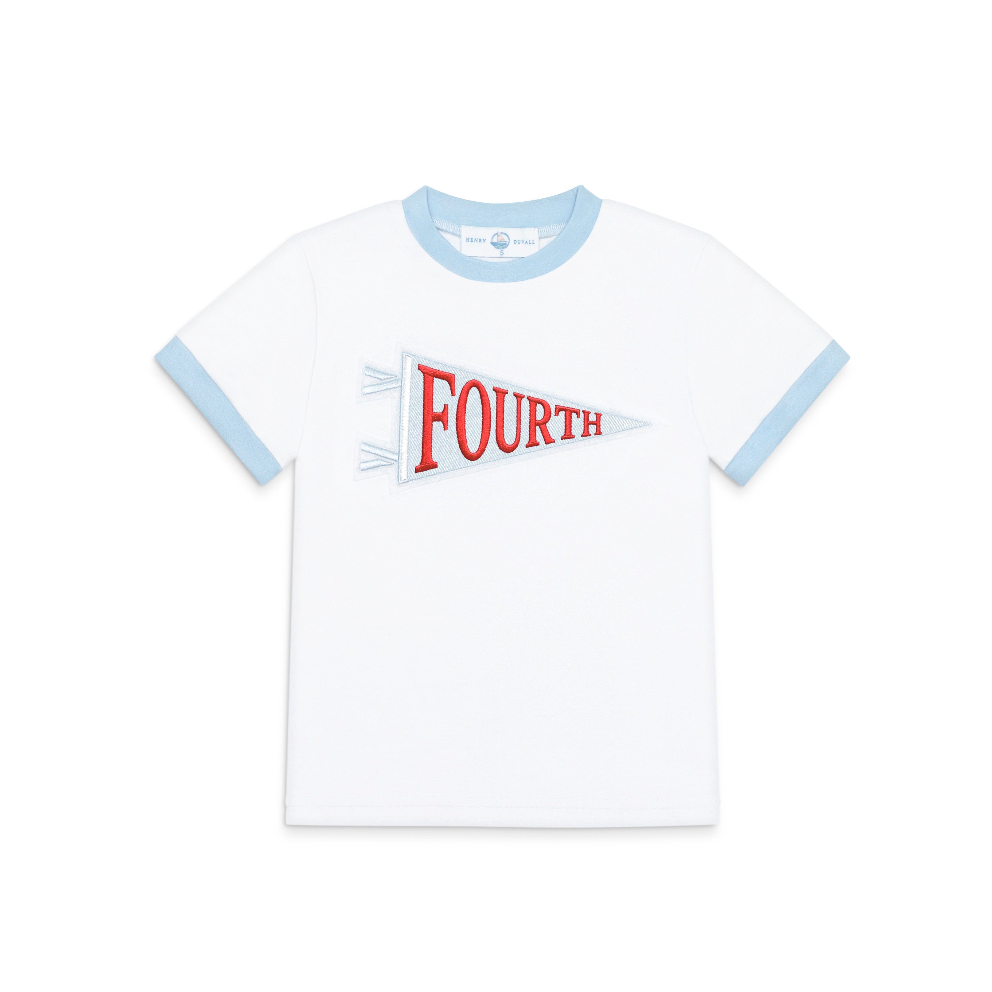 Henry Duvall Pennant Tee featuring appliqué grade pennant, classic back-to-school shirt for kindergarten through fifth grade, perfect for first day of school photos and school milestone celebrations.