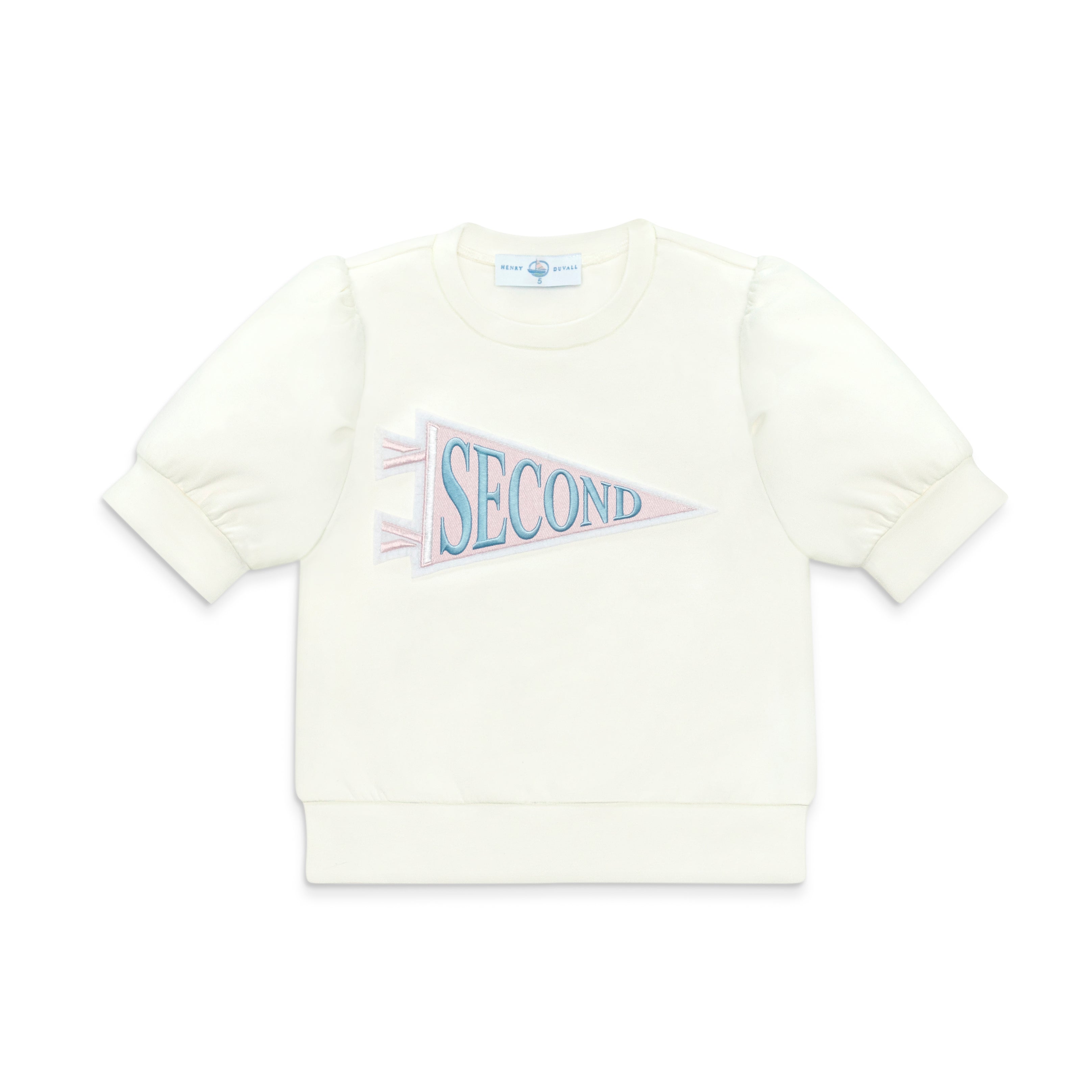 Henry Duvall Pennant Tee featuring appliqué grade pennant, classic back-to-school shirt for kindergarten through fifth grade, perfect for first day of school photos and school milestone celebrations.
