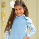 Henry Duvall Janie Jumper girls’ dress in Brookhaven Blue corduroy with scalloped hem and fabric-covered shoulder buttons, designed for layering with blouses and turtlenecks for fall.