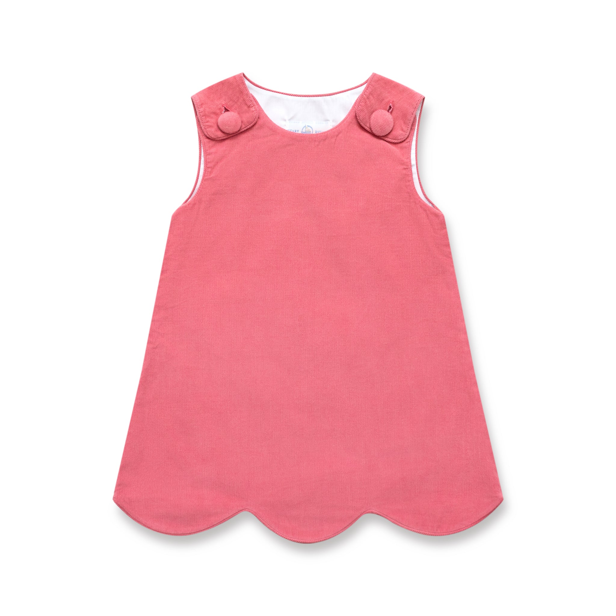Henry Duvall Janey Jumper girls’ dress in Fall Floral with scalloped hem and fabric-covered shoulder buttons, designed for layering with blouses and turtlenecks for fall.