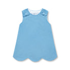 Henry Duvall Janie Jumper girls’ dress in Brookhaven Blue corduroy with scalloped hem and fabric-covered shoulder buttons, designed for layering with blouses and turtlenecks for fall.