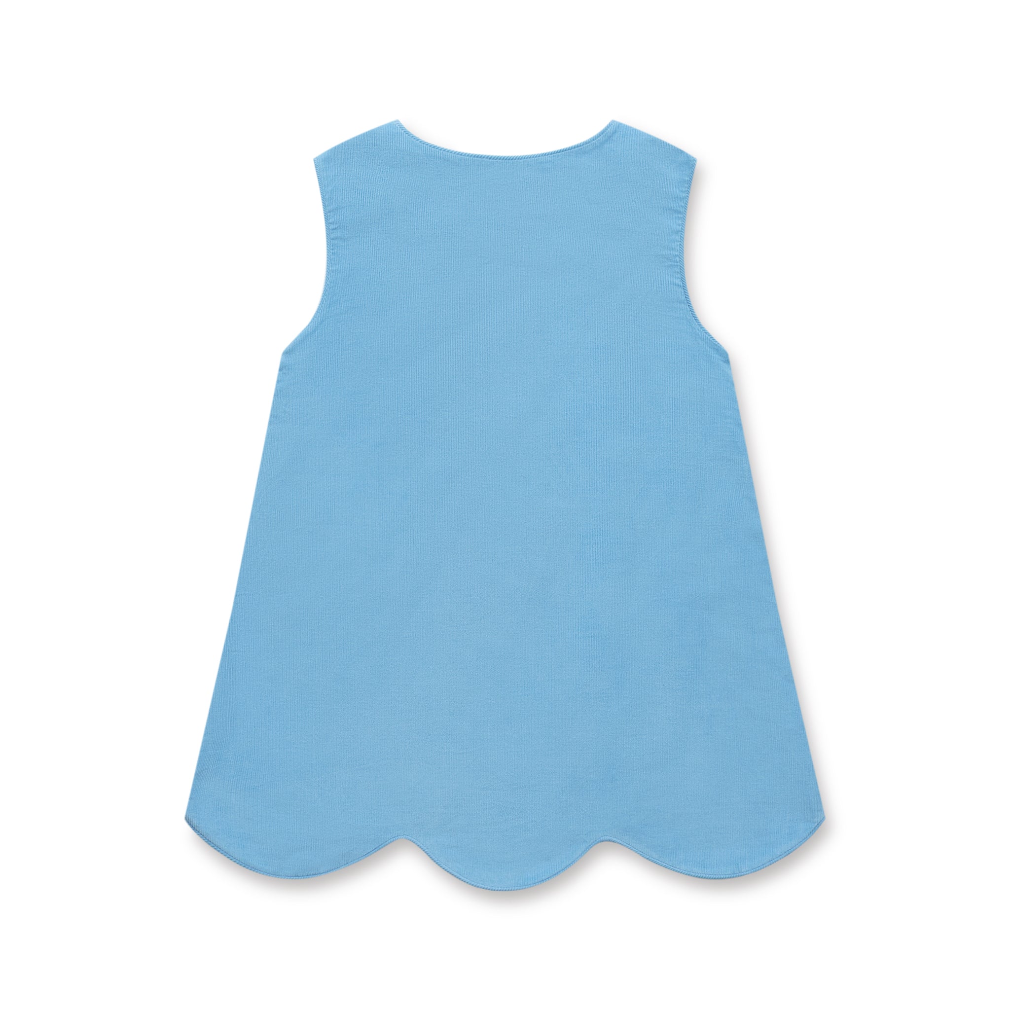 Henry Duvall Janie Jumper girls’ dress in Brookhaven Blue corduroy with scalloped hem and fabric-covered shoulder buttons, designed for layering with blouses and turtlenecks for fall.