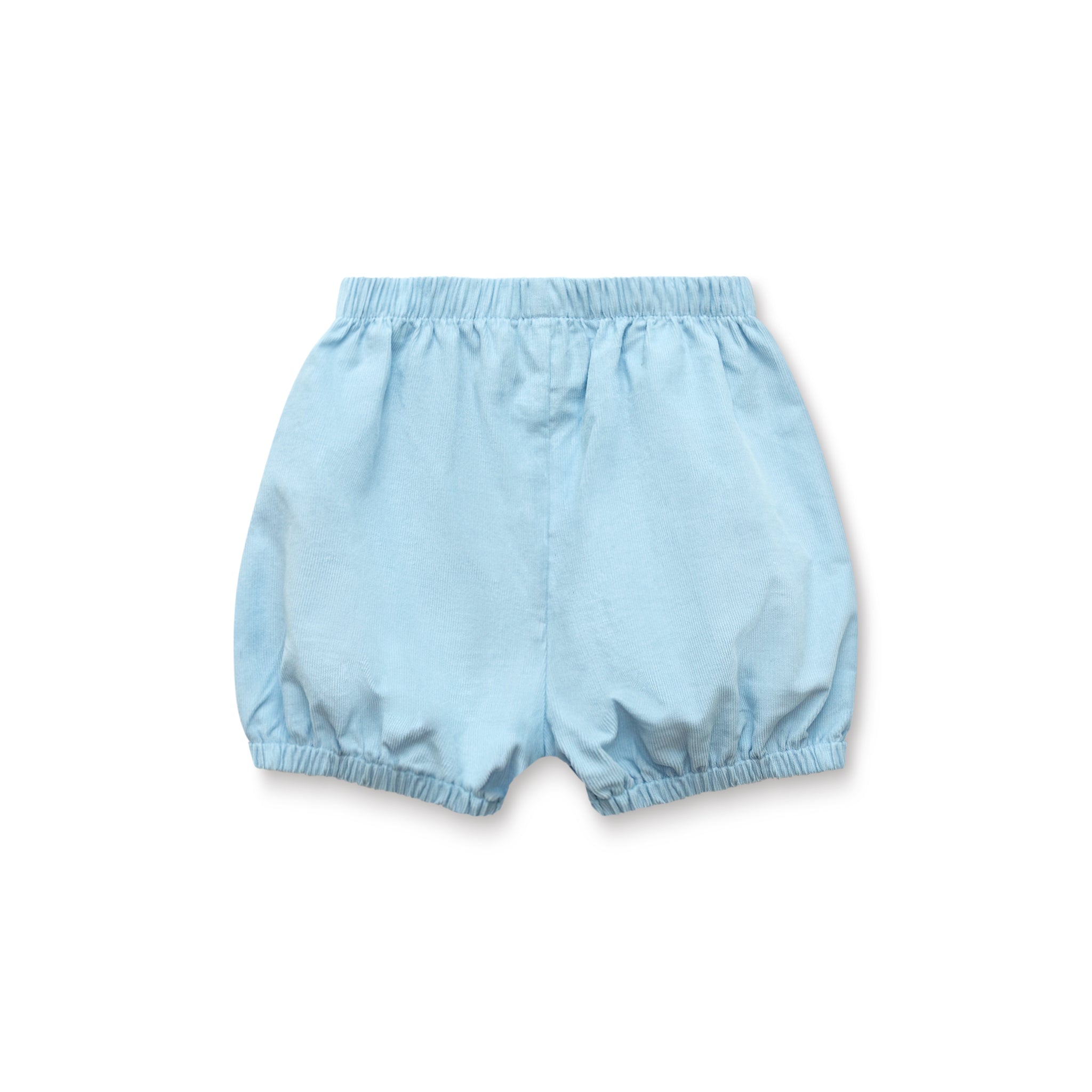Henry Duvall Somers Shorties for baby and toddler boys in Bay Tree Blue light blue corduroy, featuring a classic bloomer silhouette and elastic waist.