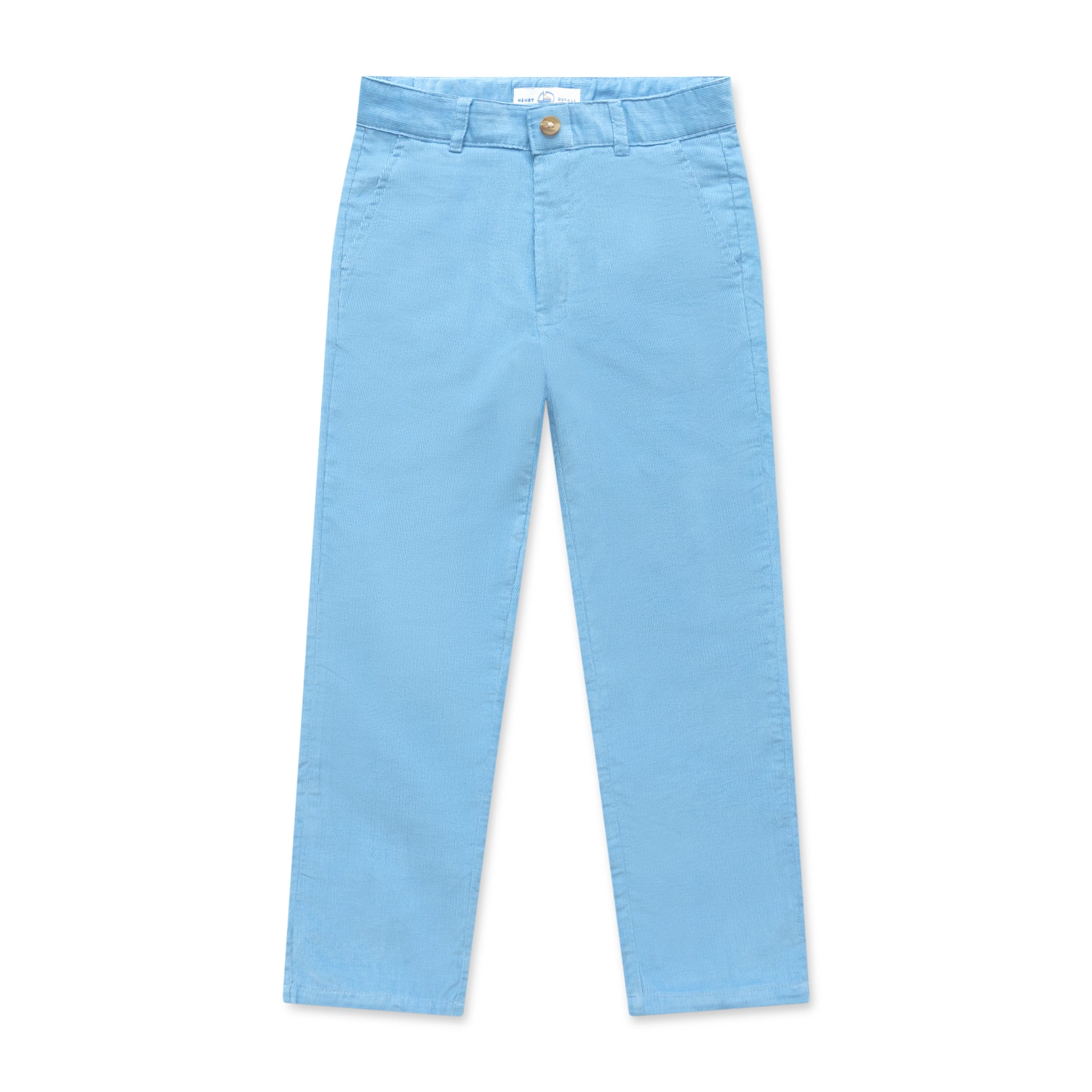 Henry Duvall Bradford Trousers in Brookhaven Blue light blue corduroy for boys, fully lined in Bay Tree Blue Check with contrast checked cuffs that can be rolled up or worn down.
