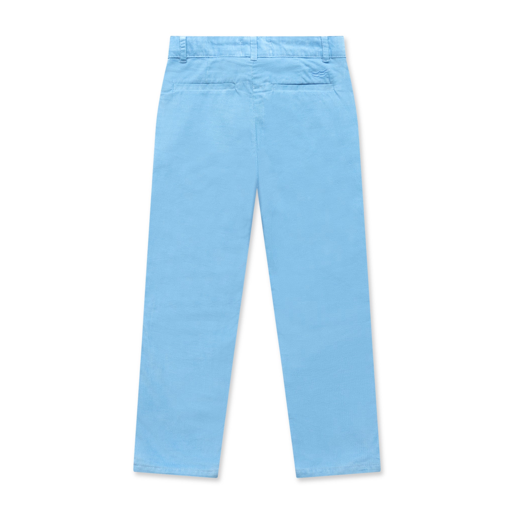 Henry Duvall Bradford Trousers in Brookhaven Blue light blue corduroy for boys, fully lined in Bay Tree Blue Check with contrast checked cuffs that can be rolled up or worn down.