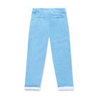 Henry Duvall Bradford Trousers in Brookhaven Blue light blue corduroy for boys, fully lined in Bay Tree Blue Check with contrast checked cuffs that can be rolled up or worn down.