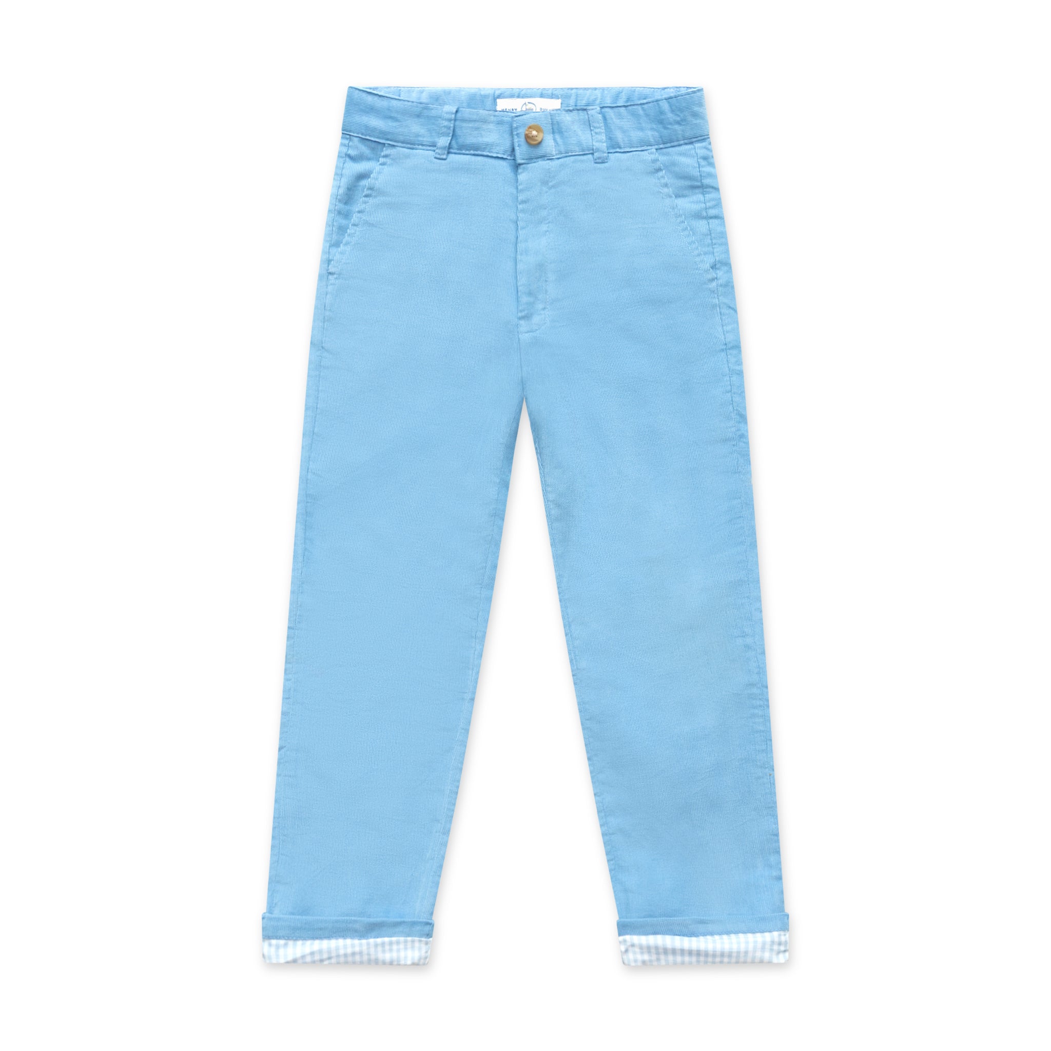 Henry Duvall Bradford Trousers in Brookhaven Blue light blue corduroy for boys, fully lined in Bay Tree Blue Check with contrast checked cuffs that can be rolled up or worn down.