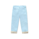 Henry Duvall Bradford Trousers in Bay Tree Blue light blue corduroy for boys, fully lined in King’s Way Khaki Check with contrast checked cuffs that can be rolled up or worn down.