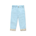 Henry Duvall Bradford Trousers in Bay Tree Blue light blue corduroy for boys, fully lined in King’s Way Khaki Check with contrast checked cuffs that can be rolled up or worn down.