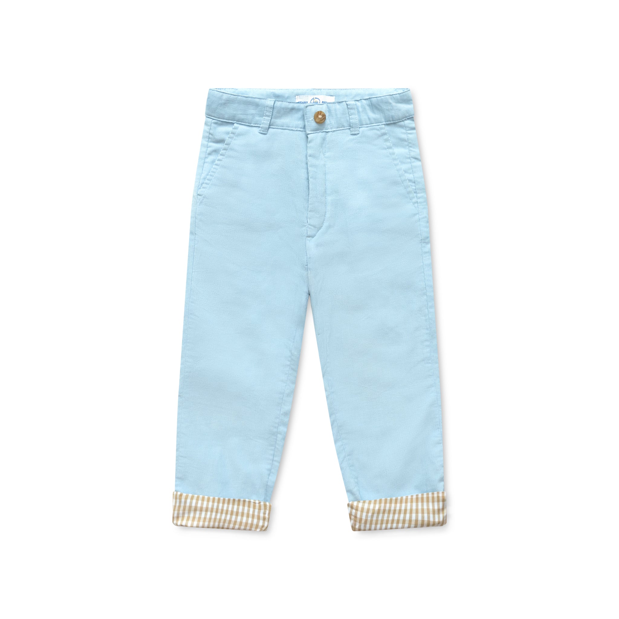 Henry Duvall Bradford Trousers in Bay Tree Blue light blue corduroy for boys, fully lined in King’s Way Khaki Check with contrast checked cuffs that can be rolled up or worn down.