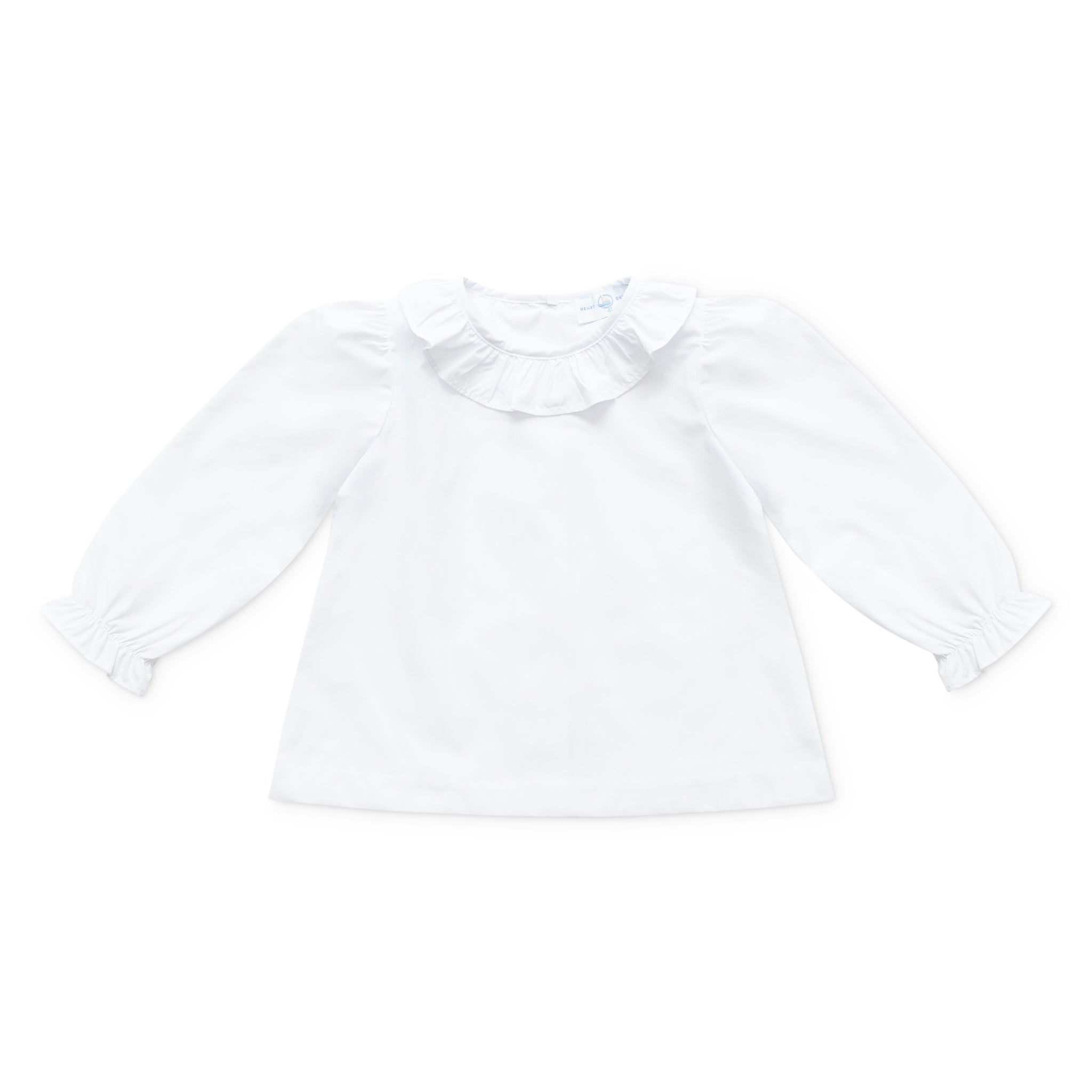 Henry Duvall Ruthie Ruffled Blouse for girls in Classic White, featuring a ruffle collar, long sleeves, and ruffled cuffs for fall and winter layering.
