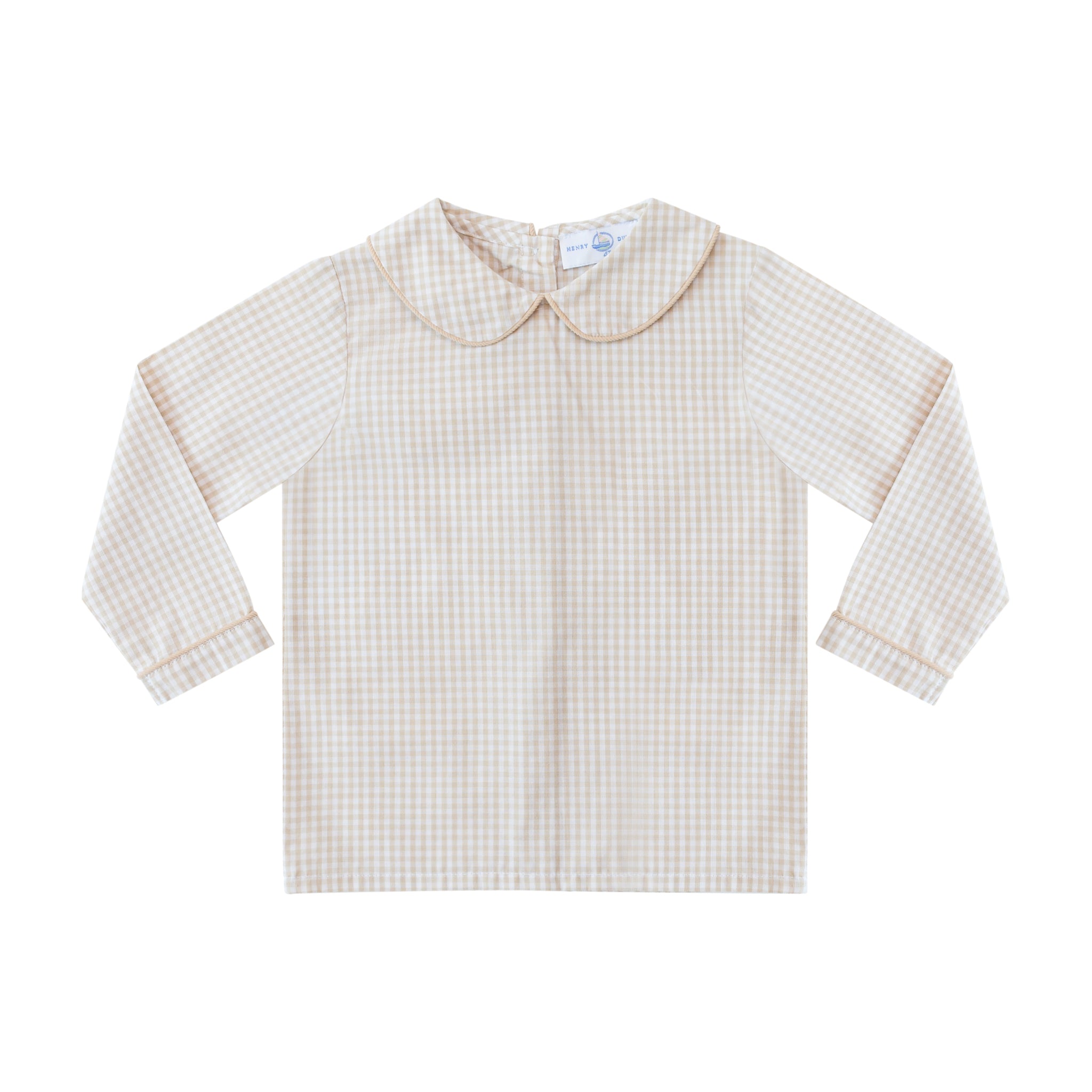 Henry Duvall Long Sleeve Henry Peter Pan Shirt in King's Way Khaki Check, classic boys fall shirt with Peter Pan collar and button-back, perfect for layering and coordinating sibling outfits