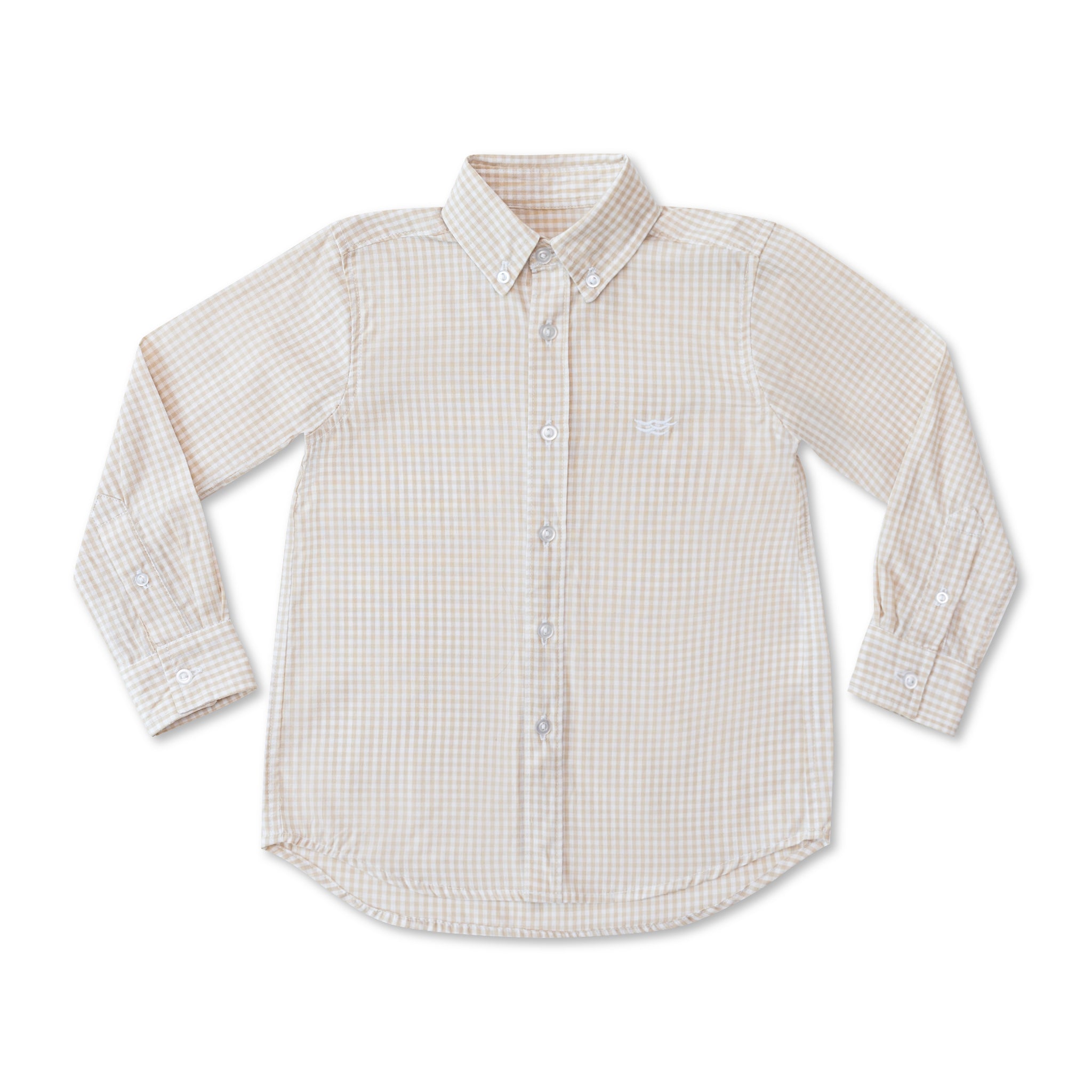 Henry Duvall Bennett Button Down in King's Way Khaki Check, classic boys fall dress shirt perfect for pairing with khaki corduroy trousers and coordinating sibling sets