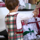 James Henry Jon Jon in Townsend Tartan, a red and green plaid holiday outfit for baby and toddler boys with red velvet trim and gold buttons.