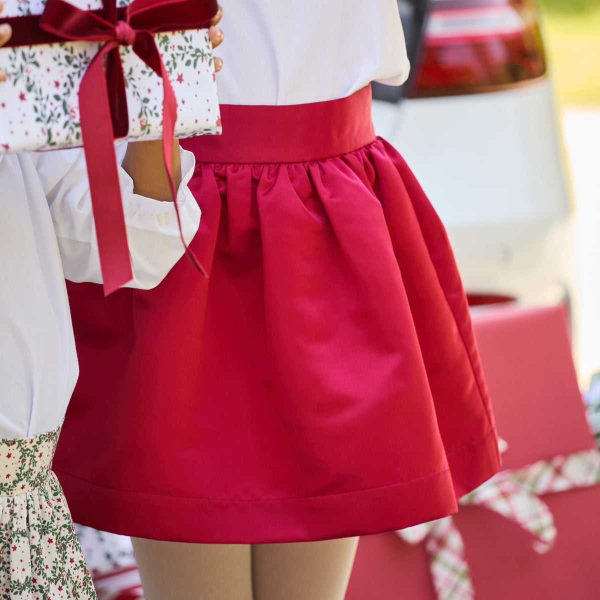 Red holiday skirt for teen girls with subtle pleats and elegant shine, Henry Duvall Sutton Skirt with elastic waistband and classic A-line silhouette