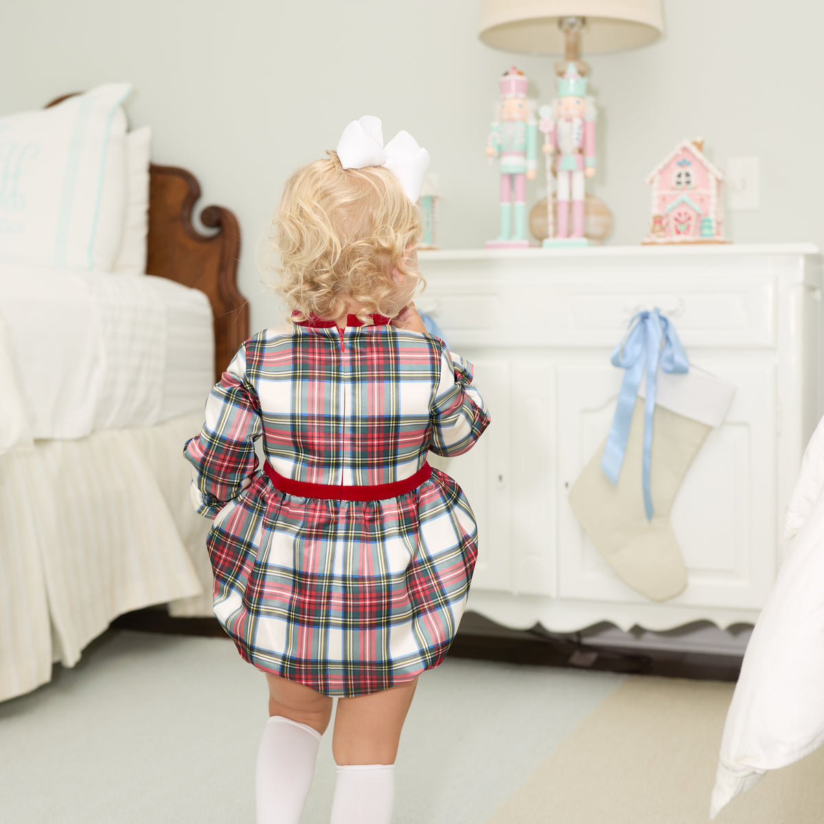 Baby girl holiday bubble in Townsend Tartan with bow waist detail, classic plaid design for fall and holiday photos – Henry Duvall timeless baby outfit